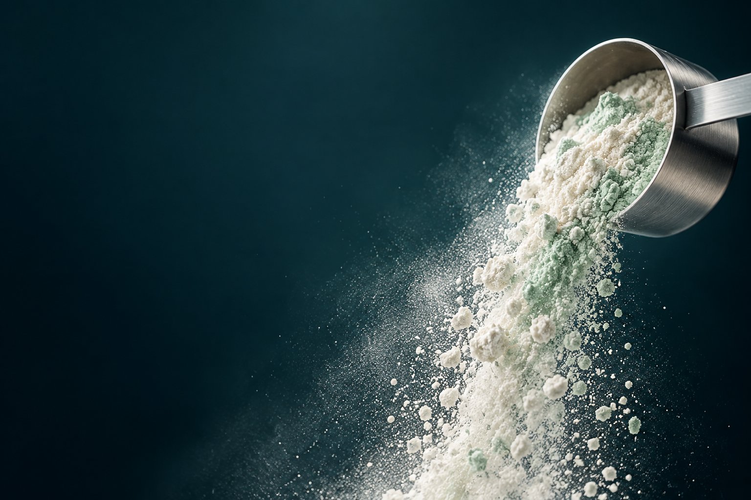 Fine powder trickling from a stainless steel scoop