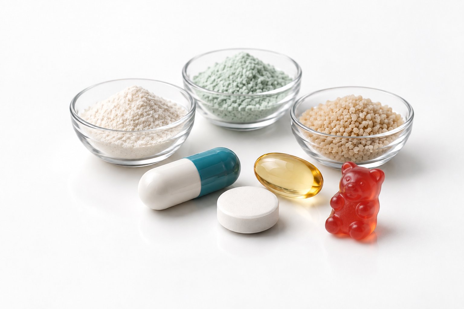 Raw material powders in glass dishes next to various dosage forms