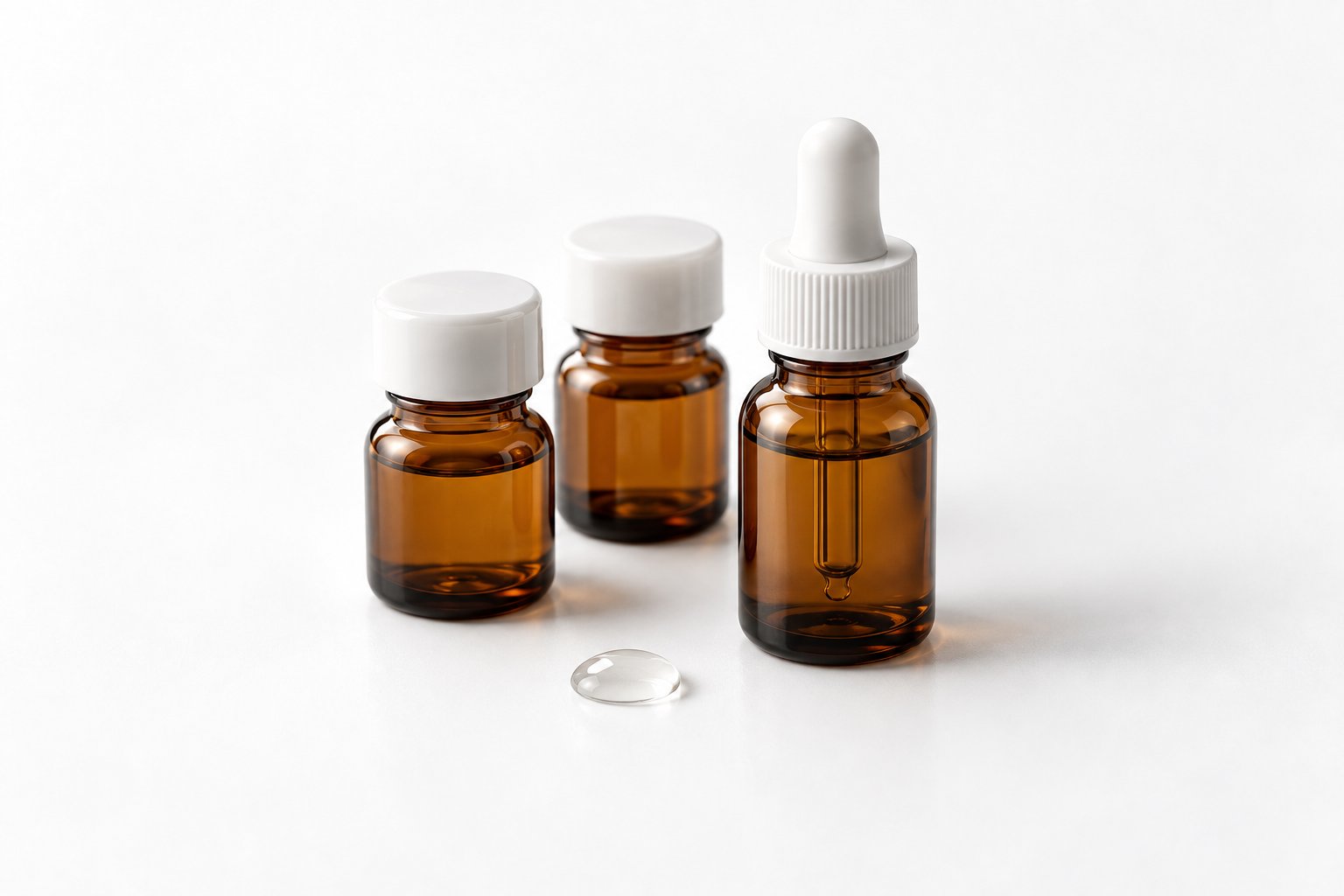 Amber glass shot bottles and a dropper bottle
