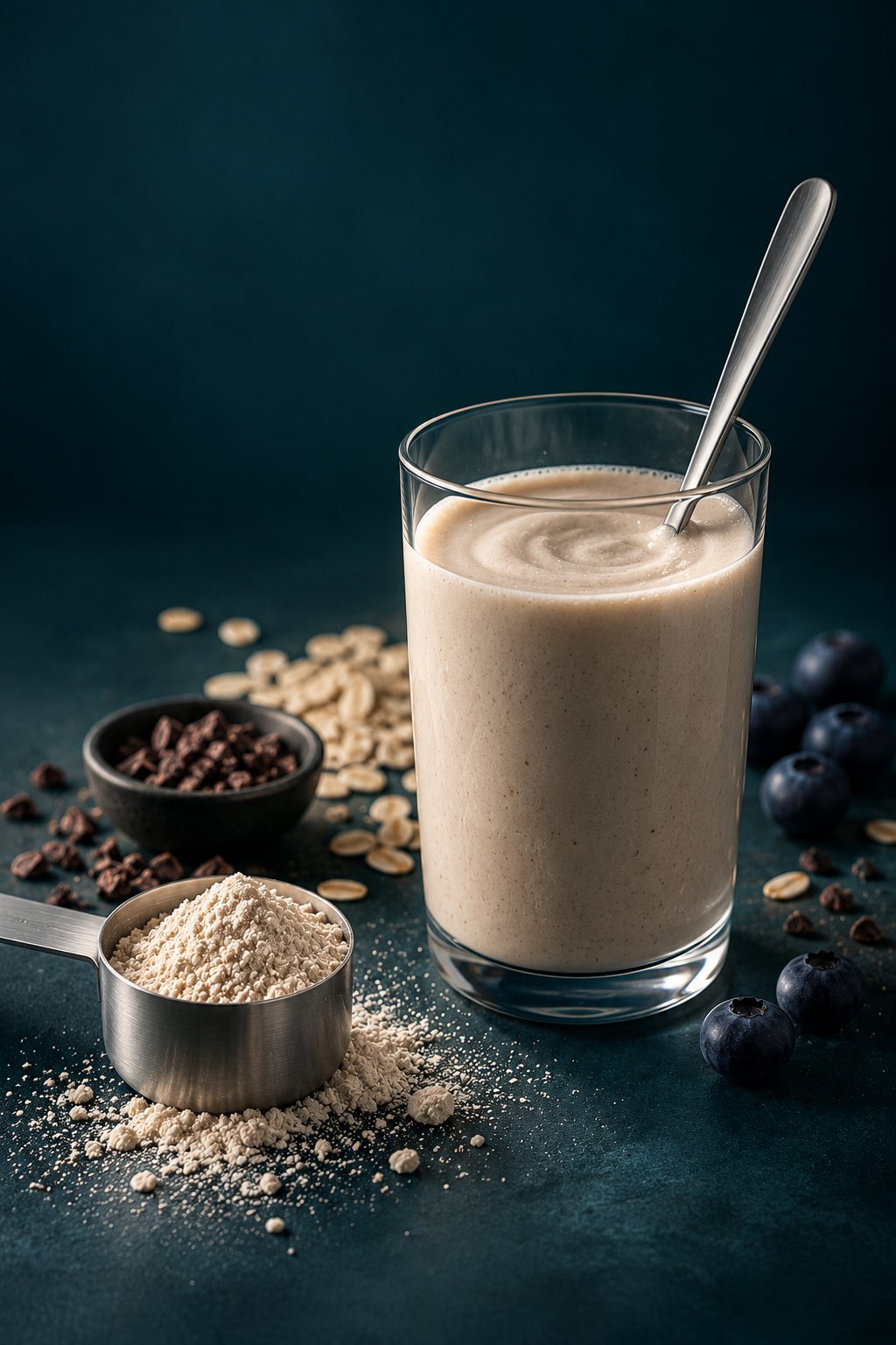 Creamy powder drink in a glass with a scoop of powder