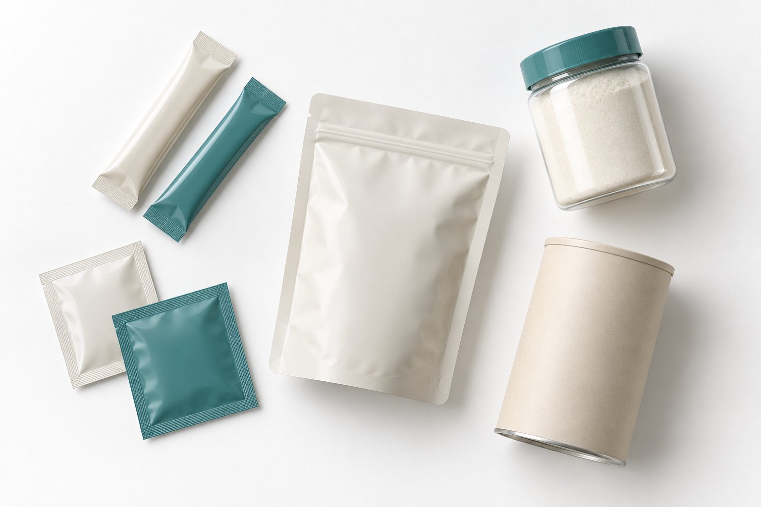 Packaging formats: sticks, sachets, doypack, PET jar and composite paper can