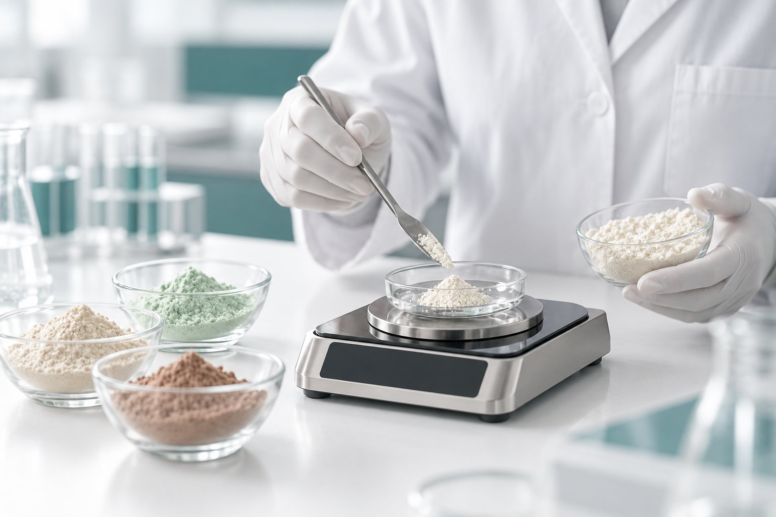 Food technologist weighing powder samples in the development lab